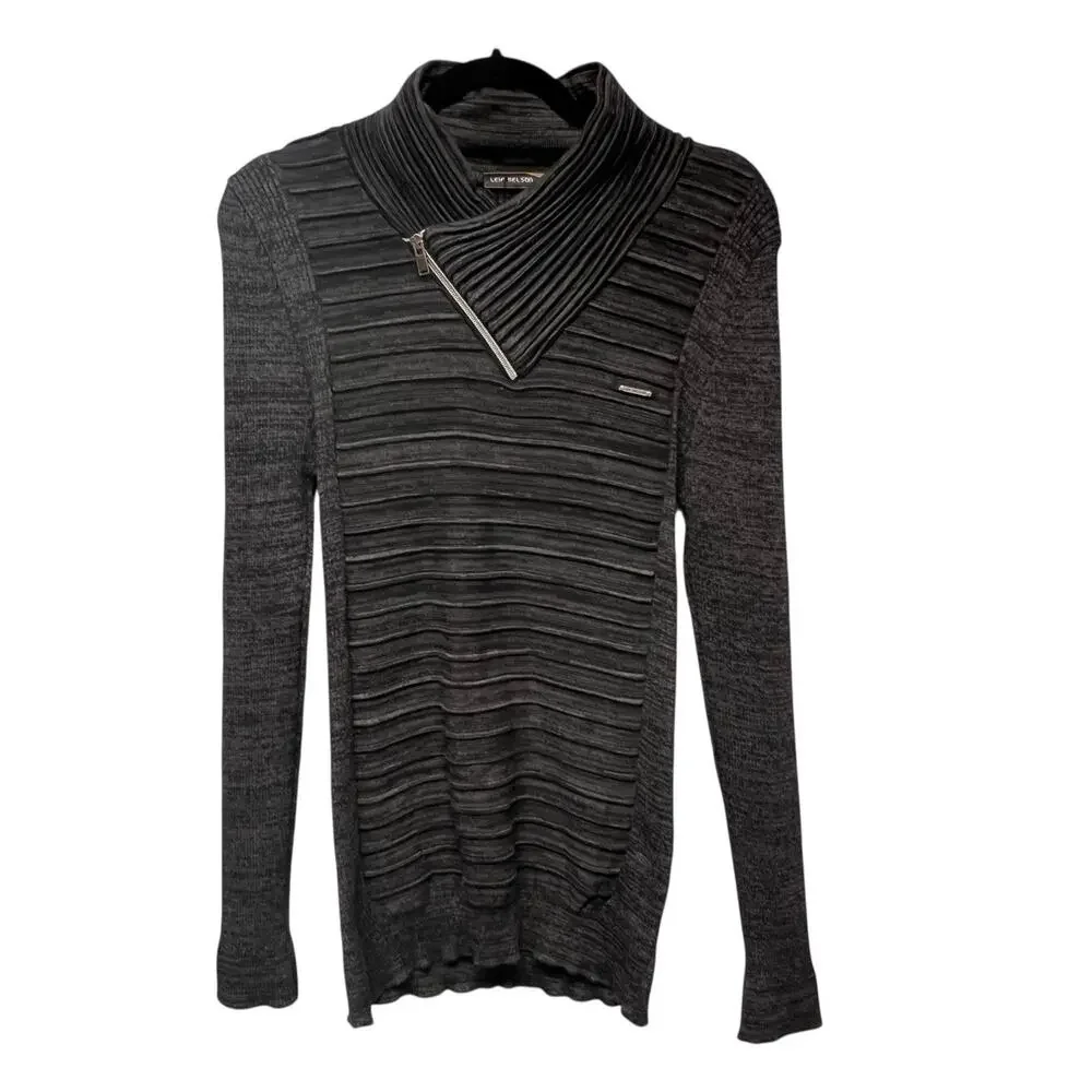 Leif Nelson Cable Knit Sweater Shawl Collar Funnel Neck Gray Techwear Streetwear